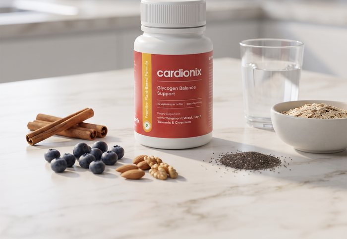 Flacon de Cardionix posé sur un plan de travail avec des bâtons de cannelle, des myrtilles, des noix et un bol de flocons d'avoine