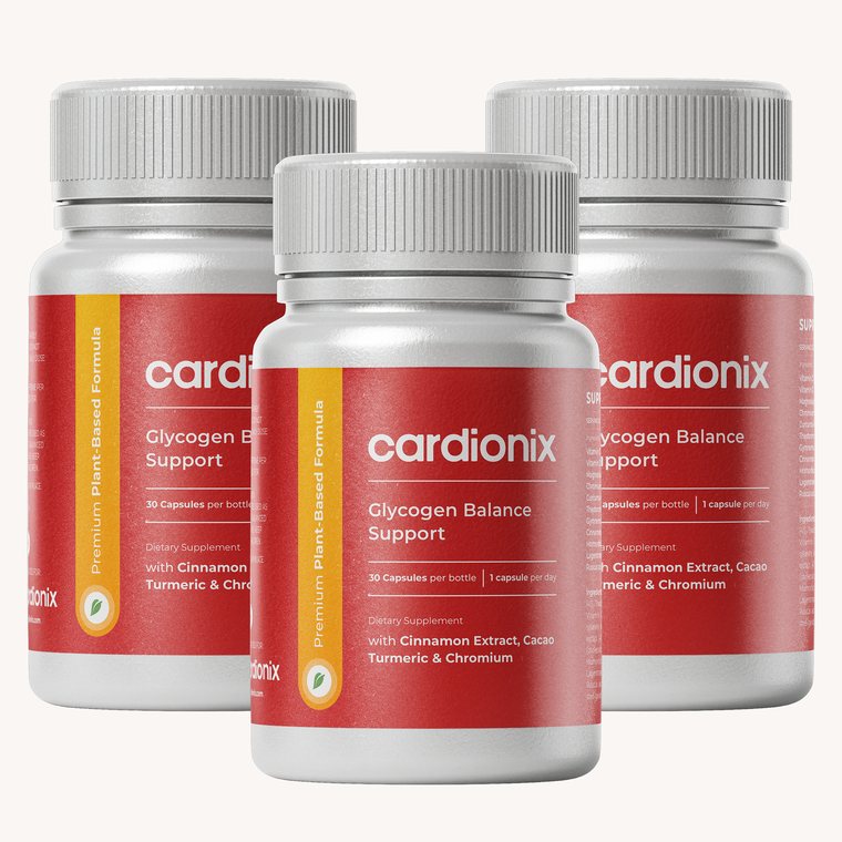 Trois flacons de Cardionix, étiquette rouge et bouchon blanc, 30 gélules par flacon